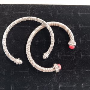 Silver-Tone Twisted Cable Cuff Bracelet with Coral Accent